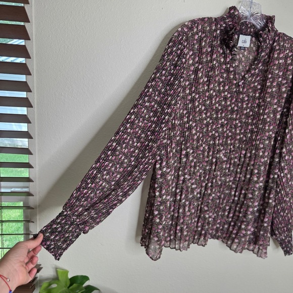 3 / $30 Cabi # 3942Floral Print Blouse Smocked Mock Neck Long Sleeve Top M Sheer - Picture 1 of 10